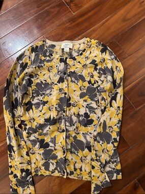 LOFT Yellow Gray Floral Crewneck Cardigan